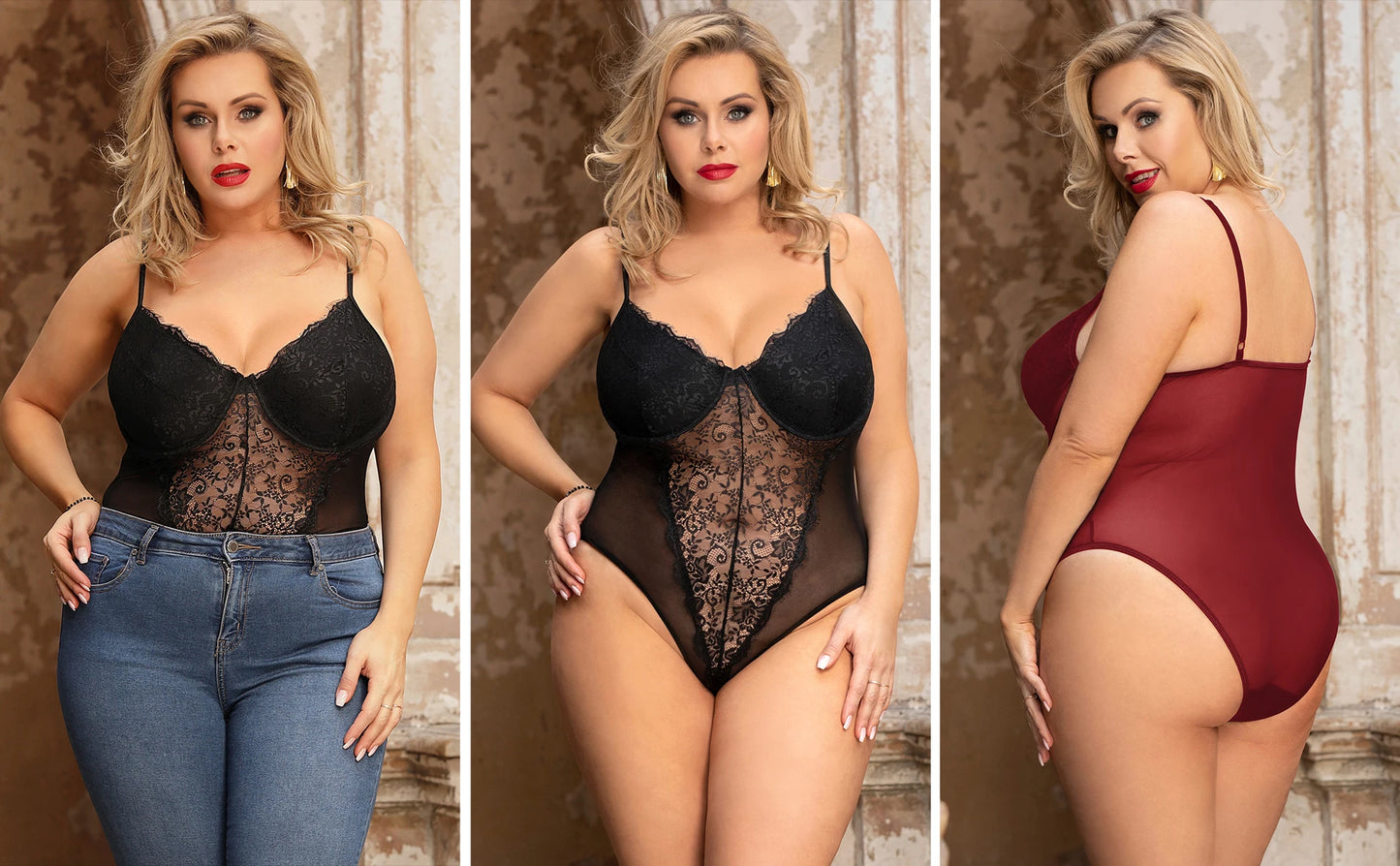 Comeondear Plus Size Crotch Open Bodysuits Red High Quality Lace Splicing Teddy With Underwire Sexy Jumpsuits Overalls for Women