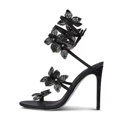 Luxury Rhinestones Flowers Women Gladiator Sandals Sexy Snake Twine Ankle Strap High heels Summer Wedding Prom Shoes Sandalias