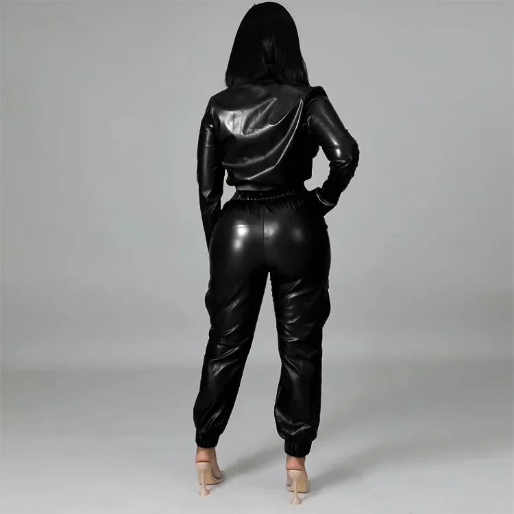 Women Jacket Sets 2 Piece Long Sleeved Slim PU Leather Gripped Pants Set Solid Zipper Fly Pencil Pants Slim Fit High Street Suit