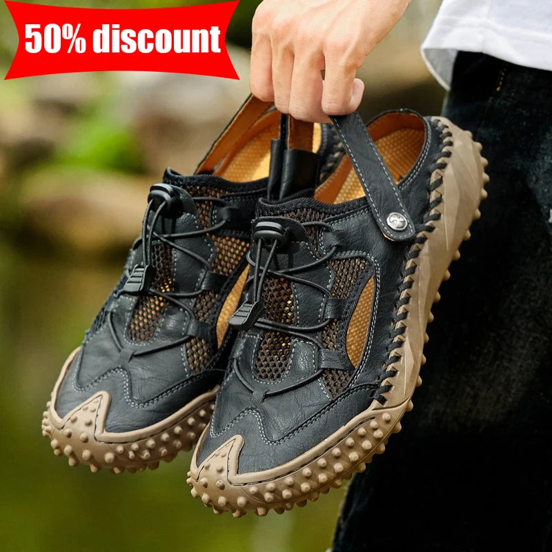 Mens Sandals Summer Outdoor Casual Mesh Hollow Walk Fishing Wading Shoes Lightweight Non Slip Hand Sewn Beach Slippers Man