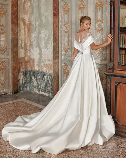 Flavinke Customized Elegant Exquisite A Line Wedding Dresses Bride Gowns Lace Off the Shoulder Soft Satin Vestidos De Novia
