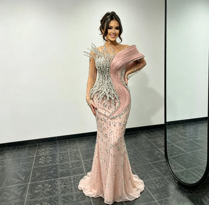 Luxury Fully Crystals Party Dresses Stunning Beads Mermaid Evening Celebrity Prom Gowns Pink Dubai Long Customized Robes Soirée