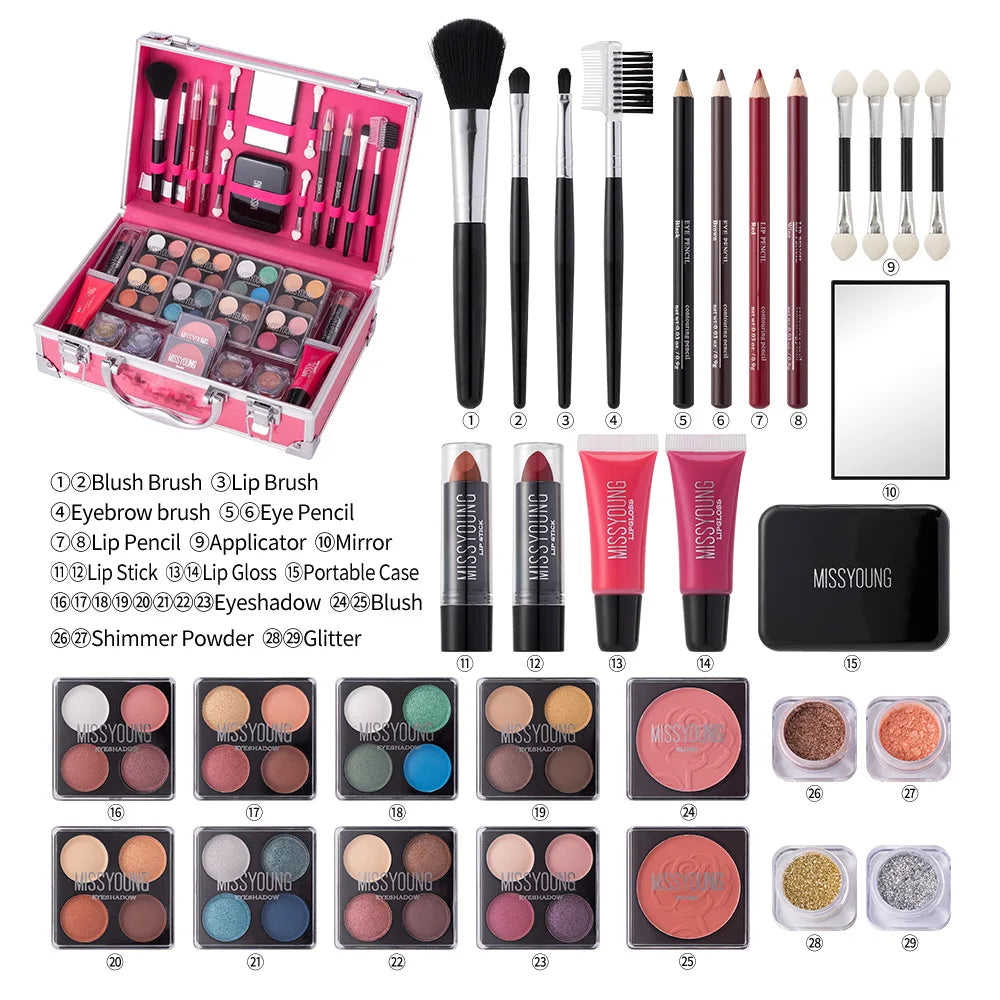 Makeup Case Set Natural Long Lasting Matte Shimmer Lipstick Eyeshadow Blush Highlight Multifunctional Full Face Cosmetic Kit