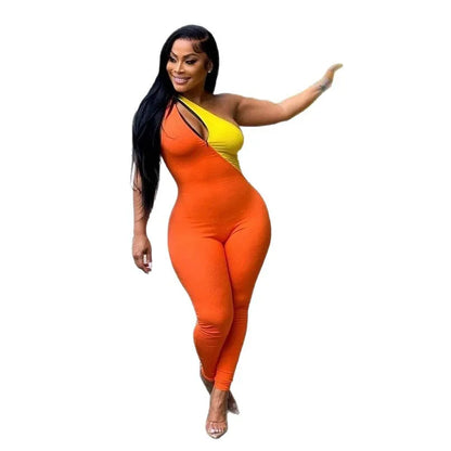 Women Patchwork Jumpsuits Skinny Rompers Full Lenth Sleeveless One Shoulder Top Pencil Pants Slim Office Lady Casual 2026 Summer
