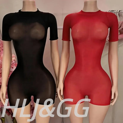 HLJ&GG Sexy See Though Stretchy Bodycon One Piece Rompers Women Round Neck Short Sleeve Slim Jumpsuits Hot Girl Nightclub Wear