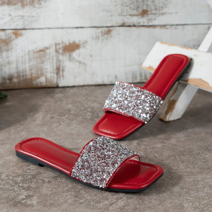 Glitter Bling Women Slippers Summer New Flat Beach Slippers Women Outdoor Luxury Sandals Designer Plus Size Shoes Slides Women