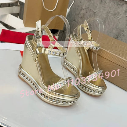 Crystal Wedges Belt Buckle Metallic Sandals Female Chic Open Toe Ankle Strap Shoes Women Luxury Party Elegant Round Toe Sandals