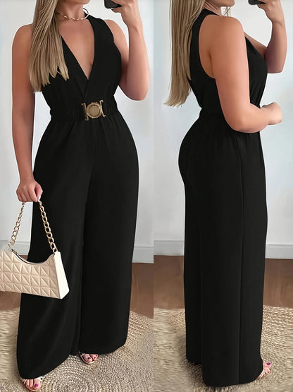 Fashion Elegant High Waist Jumpsuit Women 2026 New Summer V-neck Sleeveless Solid color Wide Leg Pants Romper Jumpsuits Overalls