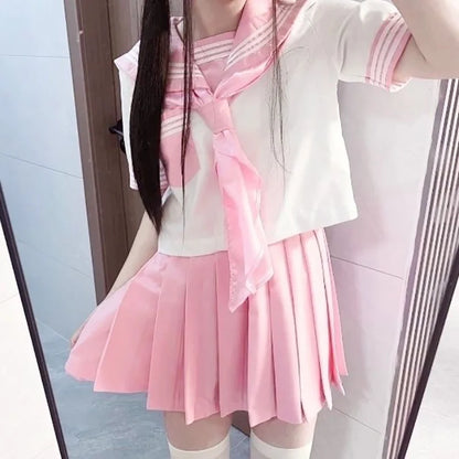 New Japanese School Uniform Girl Jk Suit Sexy Spring and Autumn Navy Pink Tie Cosplay Sailor Uniform Middle School Clothing