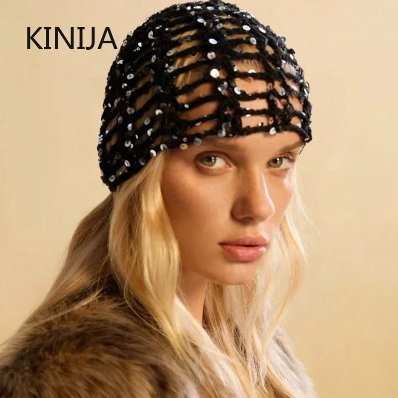 Fashion Vintage Sequined Hollow Pullover Hats Women Spring Summer Travel Photo Atmosphere Versatile Y2K Knit Beanie Hat Girl