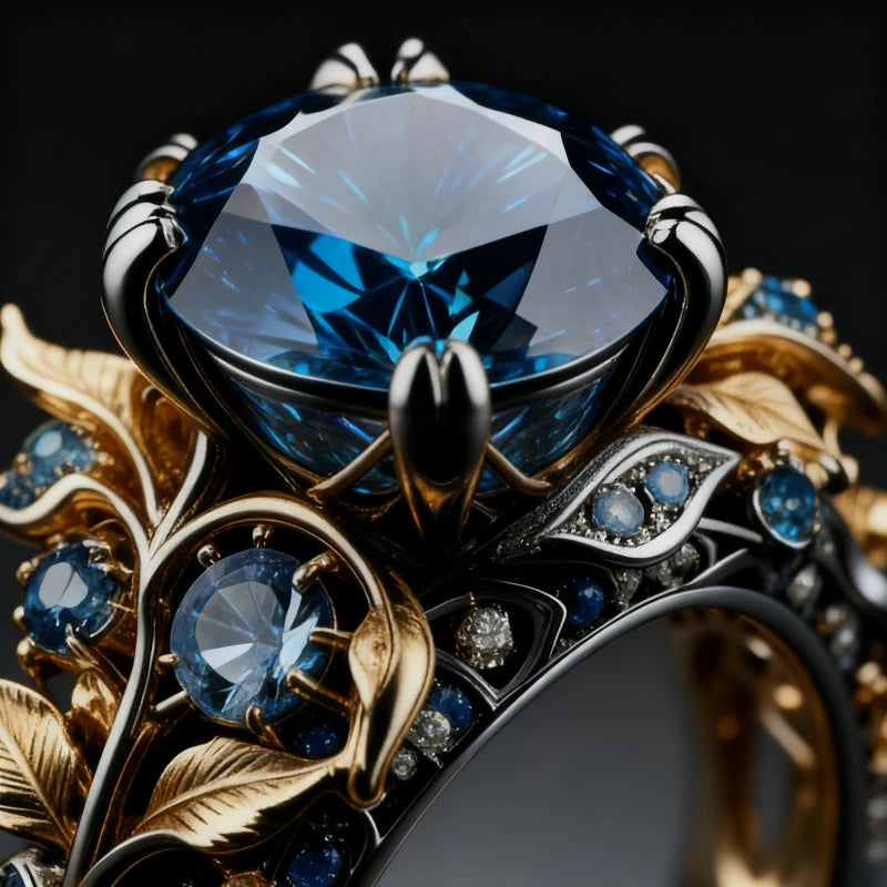 Gold Color Leaf Shaped Inlaid Blue Synthetic Zirconia Ring Suitable for Women's Banquets Engagements Jewelry Accessories Gifts