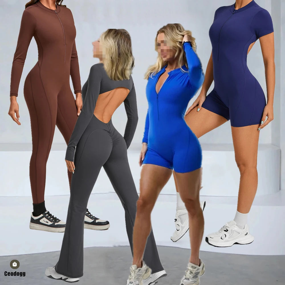 2026 Pad Zipper Long Sleeve Yoga Set Women One Piece Jumpsuit Gym Workout Shorts Fitness Bodysuit Sports Athletic Suit XP358