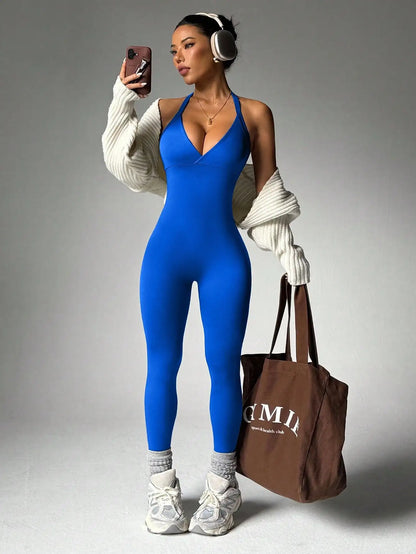 Solid Color High Elasticity Sports Overhead Sleeveless Backless Yoga Compression Leggings