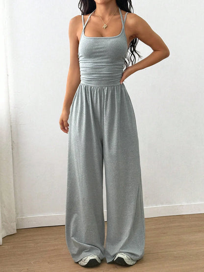 Women's Casual Summer Wide Leg Jumpsuit Strap Wrap Chest Waist Cinched One-Piece Suit Comfortable Loose Fit Overall Dress