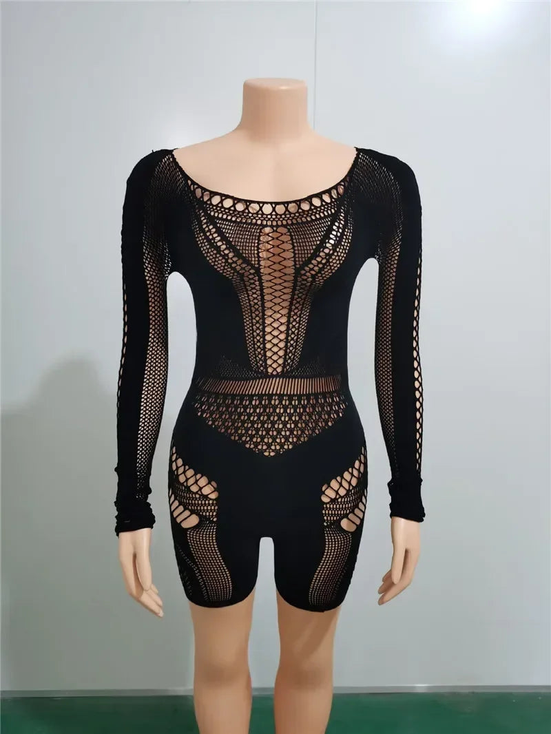 Women Sexy Black White Club Outfits Jumpsuit for Women Long Sleeves Mesmerizing Mesh Hollow Stretch Short Rompers
