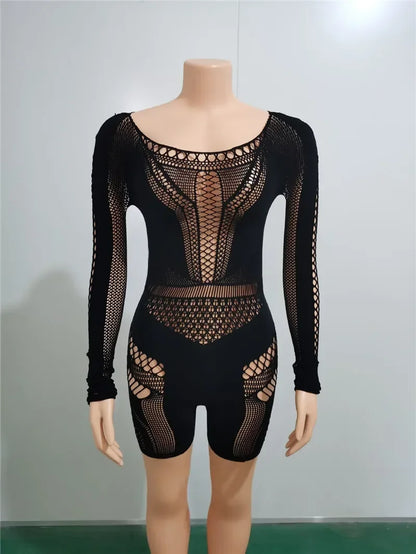 Women Sexy Black White Club Outfits Jumpsuit for Women Long Sleeves Mesmerizing Mesh Hollow Stretch Short Rompers