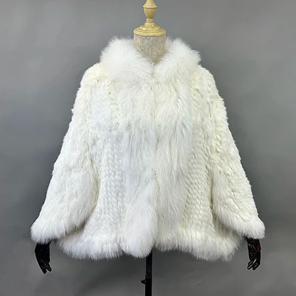 New Real Genuine Natural Knitted Rabbit Fur Shawl Coat With Fox Fur Collar Women's Fashion Knit Jacket Cape