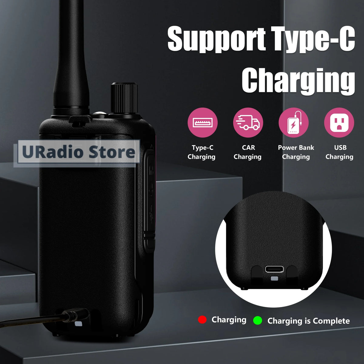 Baofeng UV-5R Mini Walkie Talkie BF-5R Mini Ham Two Way Radio Pink Dual Display USB-C 999 Channel AM For Camping Hiking Hunting