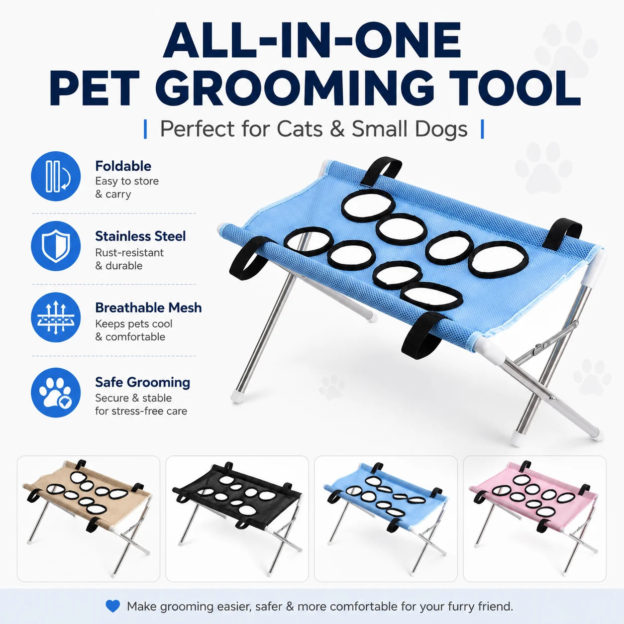 Breathable Pet Grooming Hammock Stand Foldable Dog Cat Nail Clipping Restraint Stainless Steel Care Table for Home Grooming Use
