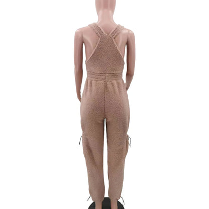 Lace Up Jumpsuit Women One Piece Jumpsuits Fur Rompers High Waist Spring Autumn Pants Mom Overalls Playsuits Elegant Pink