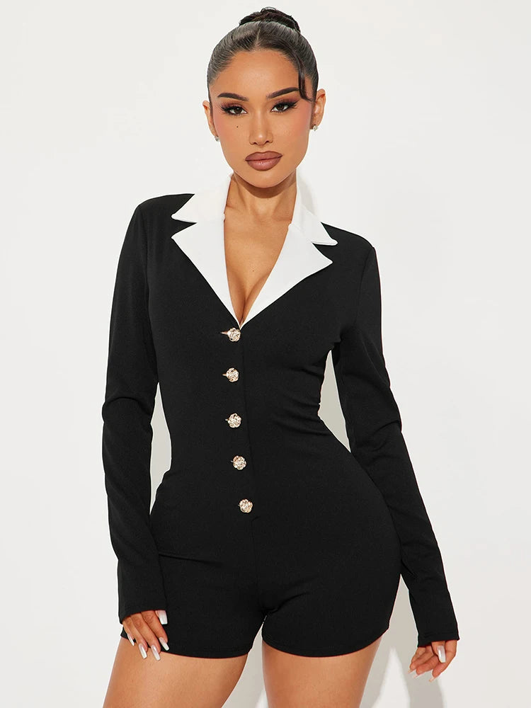 Weird Puss Elegant Lapel Patchwork Playsuits Women Hipster Long Sleeve Rose Button Stretch Activity Party Club Hipster Romper