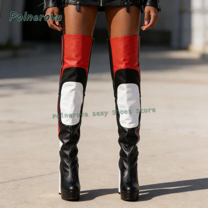 Multi Color Sexy Over The Knee Boots Round Toe Block Heels Side Zip Women Splicing Motorcycle Boots Punk Cool Style 2026 Spring