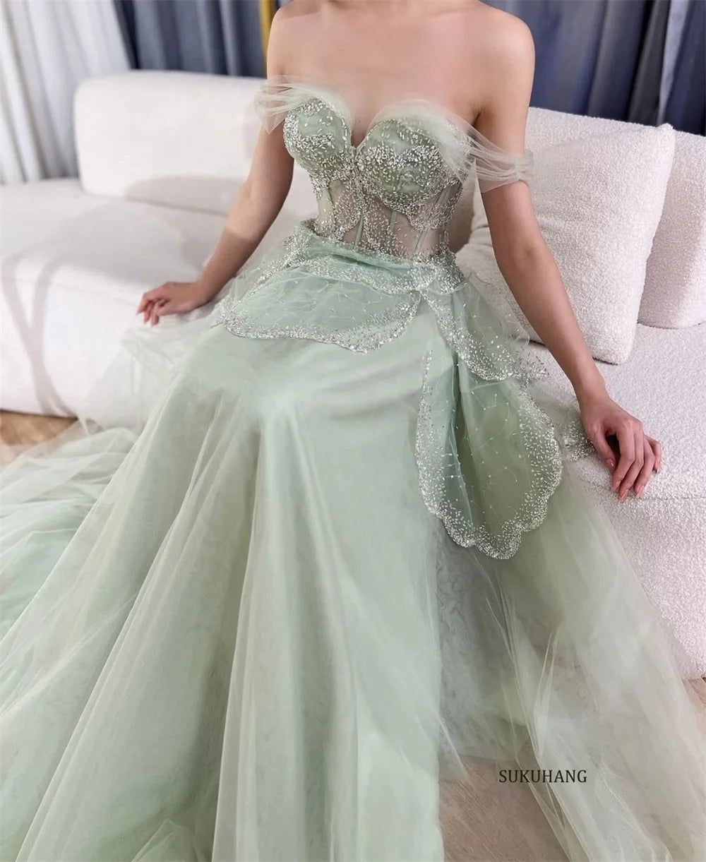SUKUHANG Handmade Evening Dresses Layer Beaded Tulle Evening Dresses Off the Shoulder A-Line Prom Dresses Customized