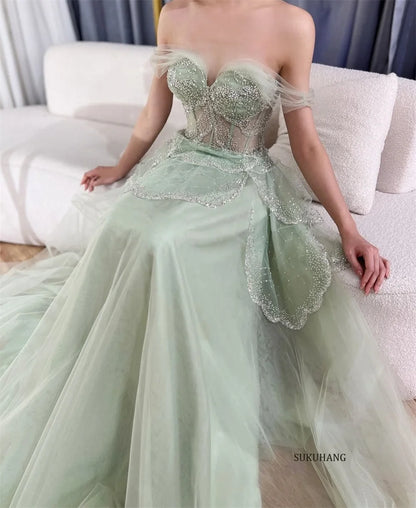 SUKUHANG Handmade Evening Dresses Layer Beaded Tulle Evening Dresses Off the Shoulder A-Line Prom Dresses Customized