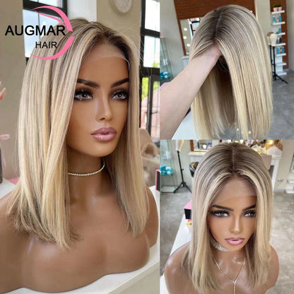 Ash Blonde 360 Lace Front Wig Brown Highlight Bob Wig Human Hair 13x6 HD Lace Frontal Wig Straight Lace Front Human Hair Wig
