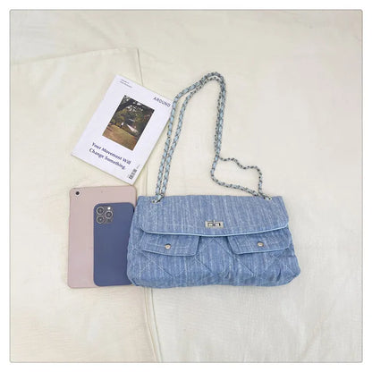 Korean Brand Shoulder Bag 2026 New Denim Side Bags for Women Ladies Crossbody Solid Fashion Chain Designer Daily Commuter City
