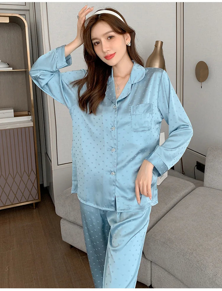 Women's New Arrival Silk-Feel Ice-Silk Lightweight Long-Sleeve Pajama Set Two-Piece Comfortable Homewear Suit