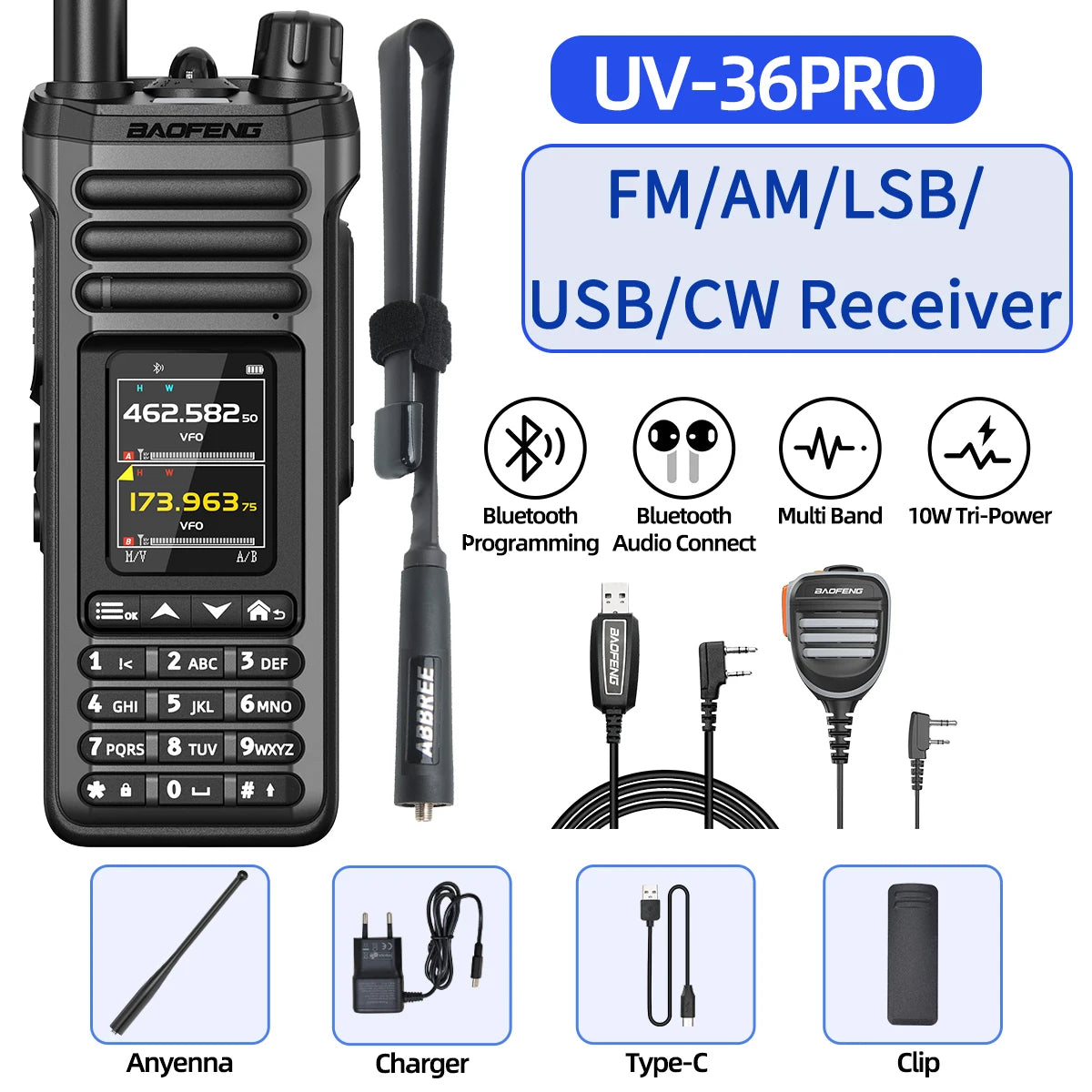 BAOFENG UV-36 PRO 10W Tri-Power Walkie Talkie Dual Mode Two Way Radio Bluetooth Programming FM Receiver Handheld Transceiver