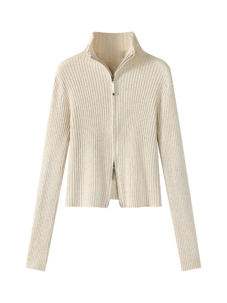 2026 Women's Autumn Winter Knit Cardigan Versatile Office Slim Flattering Cropped Zip-Up Sweater Korean Long Sleeve Outerwear