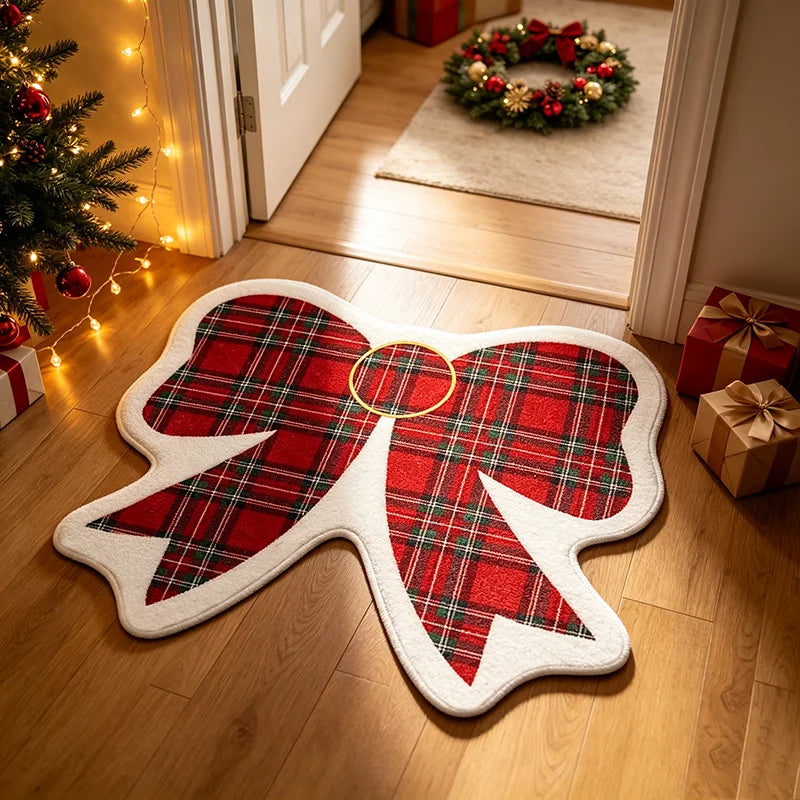 Christmas Bowknot Irregular Rug Retro Plaid Doormat Home Bedroom Bedside Atmosphere Floor Mat Festival Decor Fluffy Carpet
