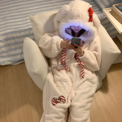 Sweet and Cute Bow Rabbit One-piece Pajamas Women's Winter New Fleece Thickened Coral Fleece Large Size Loungewear Sleepwear