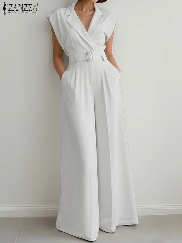 Stylish Office OL Overalls Pant ZANZEA Fashion Women Jumpsuits Summer Lapel Sleeveless Rompers Solid Loose Wide Leg Trouser 2025