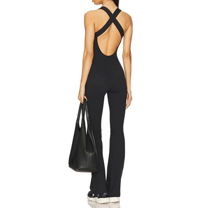 Women's Cleanfit Sleeveless Slim Fit Jumpsuit Lace Trim Patchwork Ruched V-Neck Back Cross Flare Long Pants Rompers