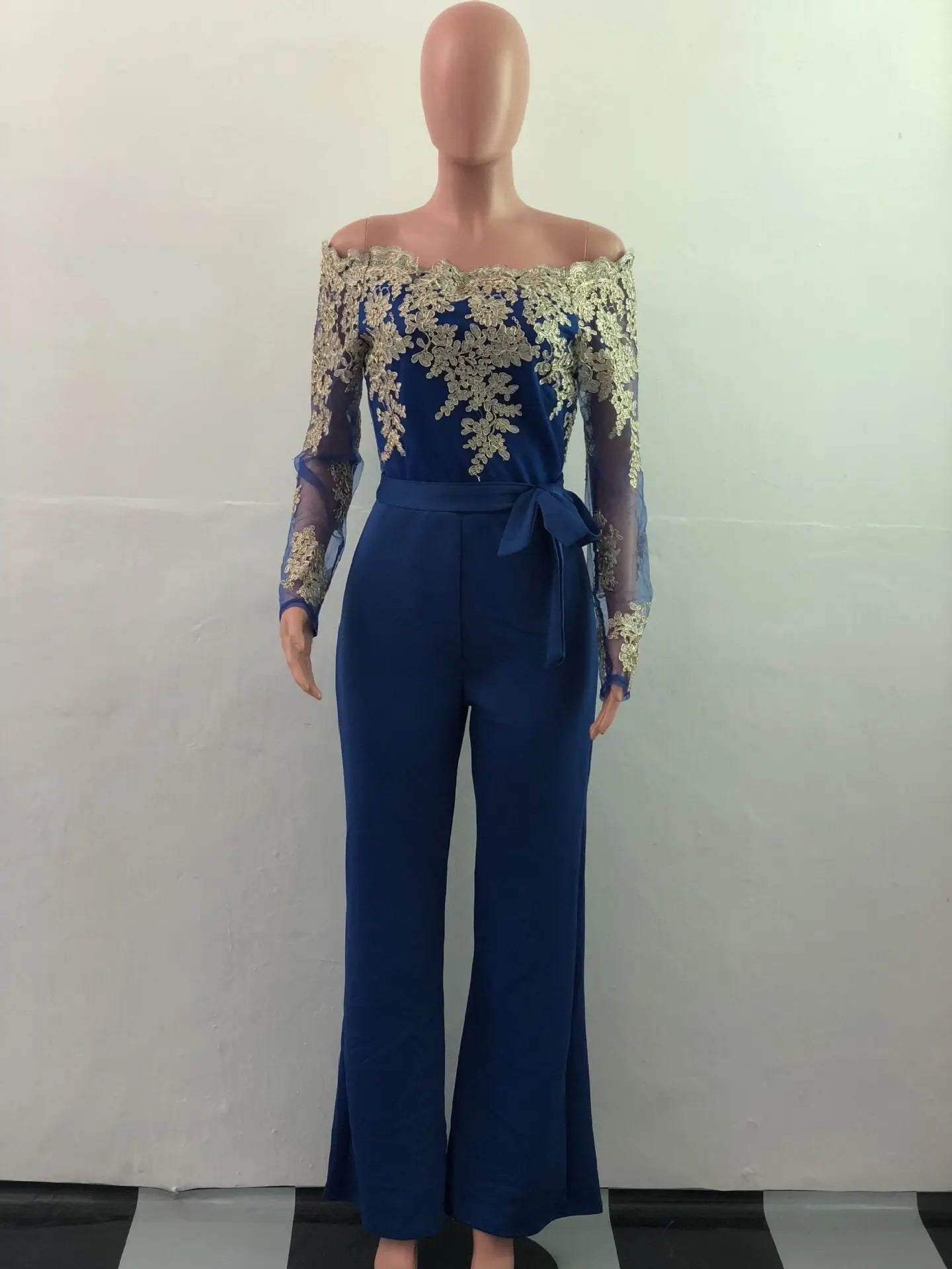 Womens Elegant Off Shoulder Long Pants Wide Leg Jumpsuits Floral Embroidery Lace See Through Cocktail Club Party Evening Rompers