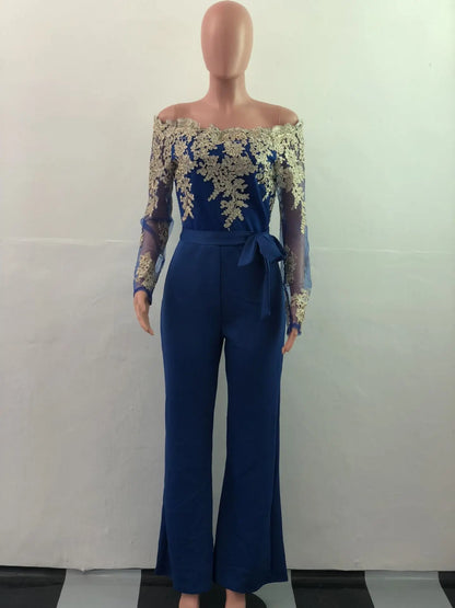 Womens Elegant Off Shoulder Long Pants Wide Leg Jumpsuits Floral Embroidery Lace See Through Cocktail Club Party Evening Rompers