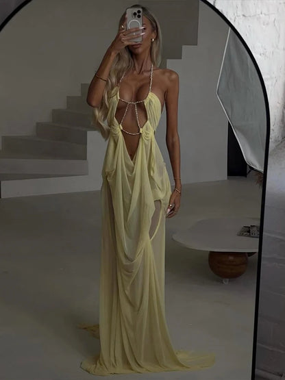 Nibber Prom Party Gown Dress Woman Sexy See Through Luxury Chain Halter Low-Neck Backless Sleeveless Midnight Elegant Vestidos