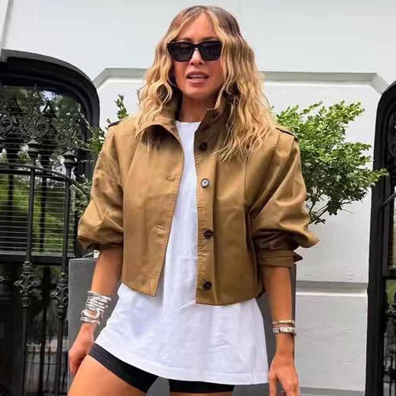 HXAO Women's Jackets Brown Pleated Jacket Spring Summer 2025 Cropped Bomber Button Long Sleeve Coats Outerwears Aviator Jackets