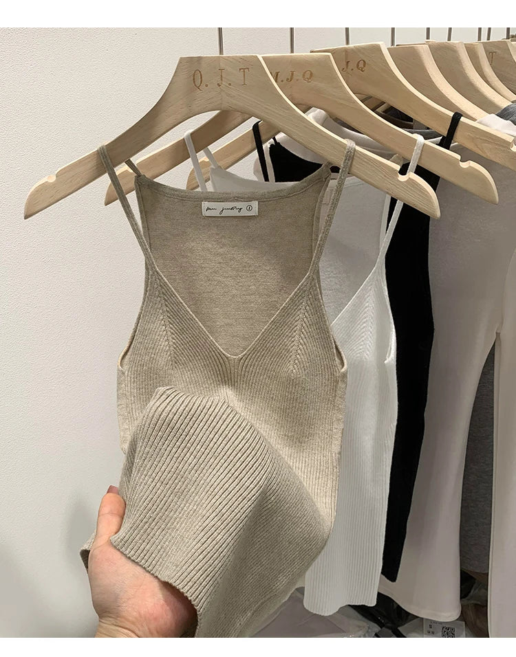 2026 Women Summer Style Sleeveless Vest Solid Color Slim Fit V Neck Knitted Top Fashionable Versatile Base Layer Knit Tank Tops