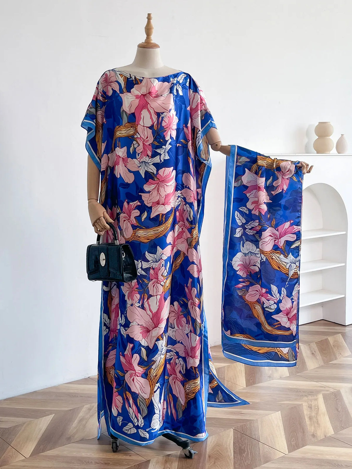 Vibrant Magnolia Floral Print Satin Abaya Scarf Set, Loose Batwing Kaftan For Muslim Women Summer Beach Holiday Wear