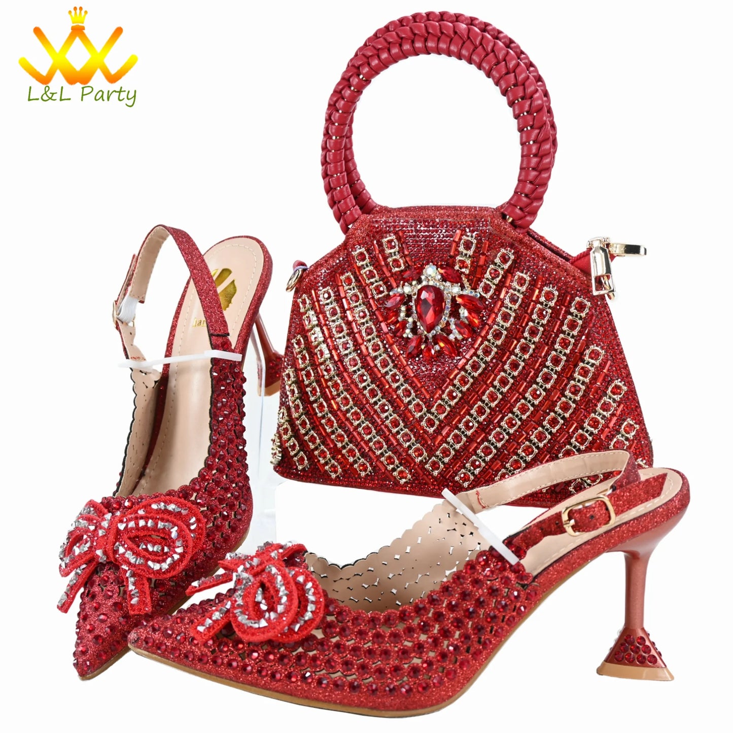 Orange Color New Arrivals Italian Design Nigerian Women Shoes and Bag Set Pointed Toe Slipper with Shinning Crystal for Party