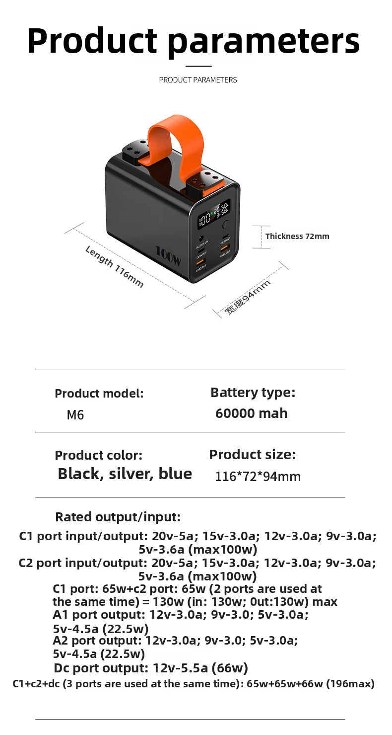 60000mAh 100W Power Bank Portable USB C PD QC DC Fast Charging Large Capacity External Battery For iPhone Samsung Xiaomi Laptop