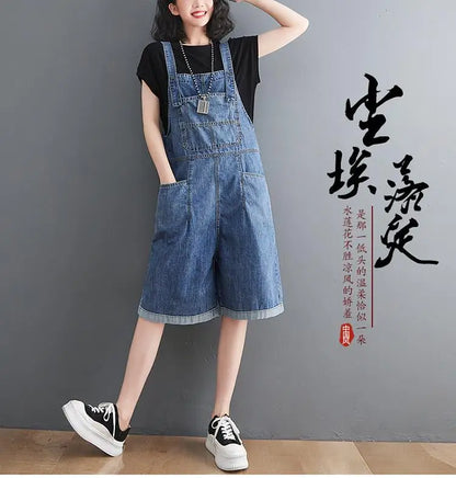Summer Denim Straps Shorts Jeans Overalls Women Korean Wide Leg Jumpsuits Female Suspender Rompers Casual Conjoined Fifth Pants