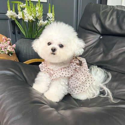 Pink Polka Dot Pet Princess Dress Breathable Sun Protection Sleeveless Tulle Dress with Lace Bow for Small Dogs Cats Pet Clothes