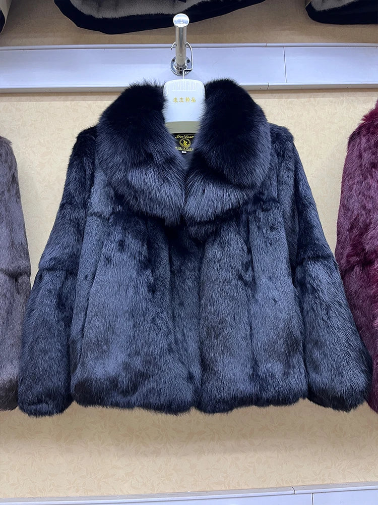 Fashion 100% Real Rabbit Fur Coat With Luxury Natural Fox Fur Collar Jacket Genuine Full Pelt Whole Rabbit Fur Overcoat