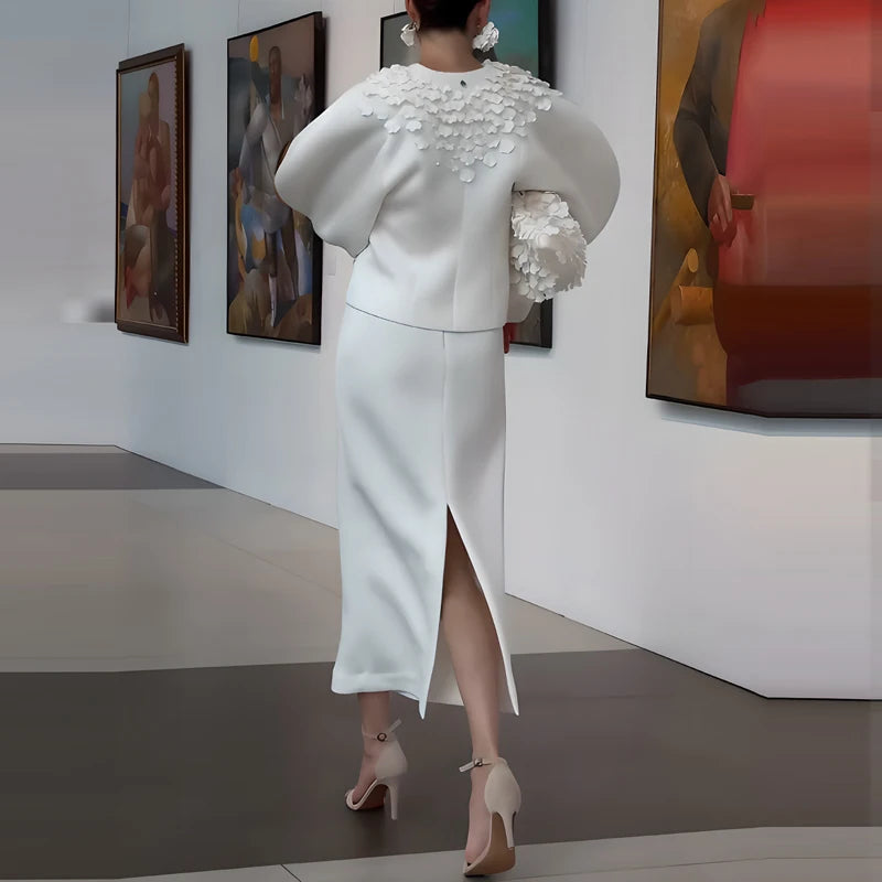 Elegant V-neck Coat & Half Skirts Outfits Women Casual Puff Sleeve Long Skirt Suits Fashion Petals Decoration Solid 2 Piece Sets