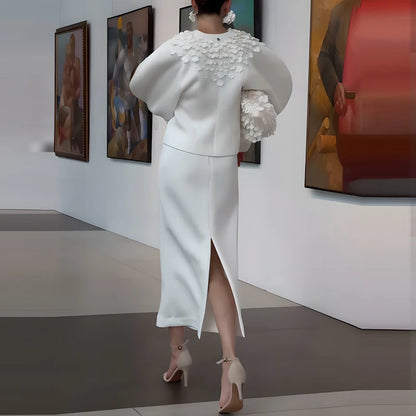 Elegant V-neck Coat & Half Skirts Outfits Women Casual Puff Sleeve Long Skirt Suits Fashion Petals Decoration Solid 2 Piece Sets
